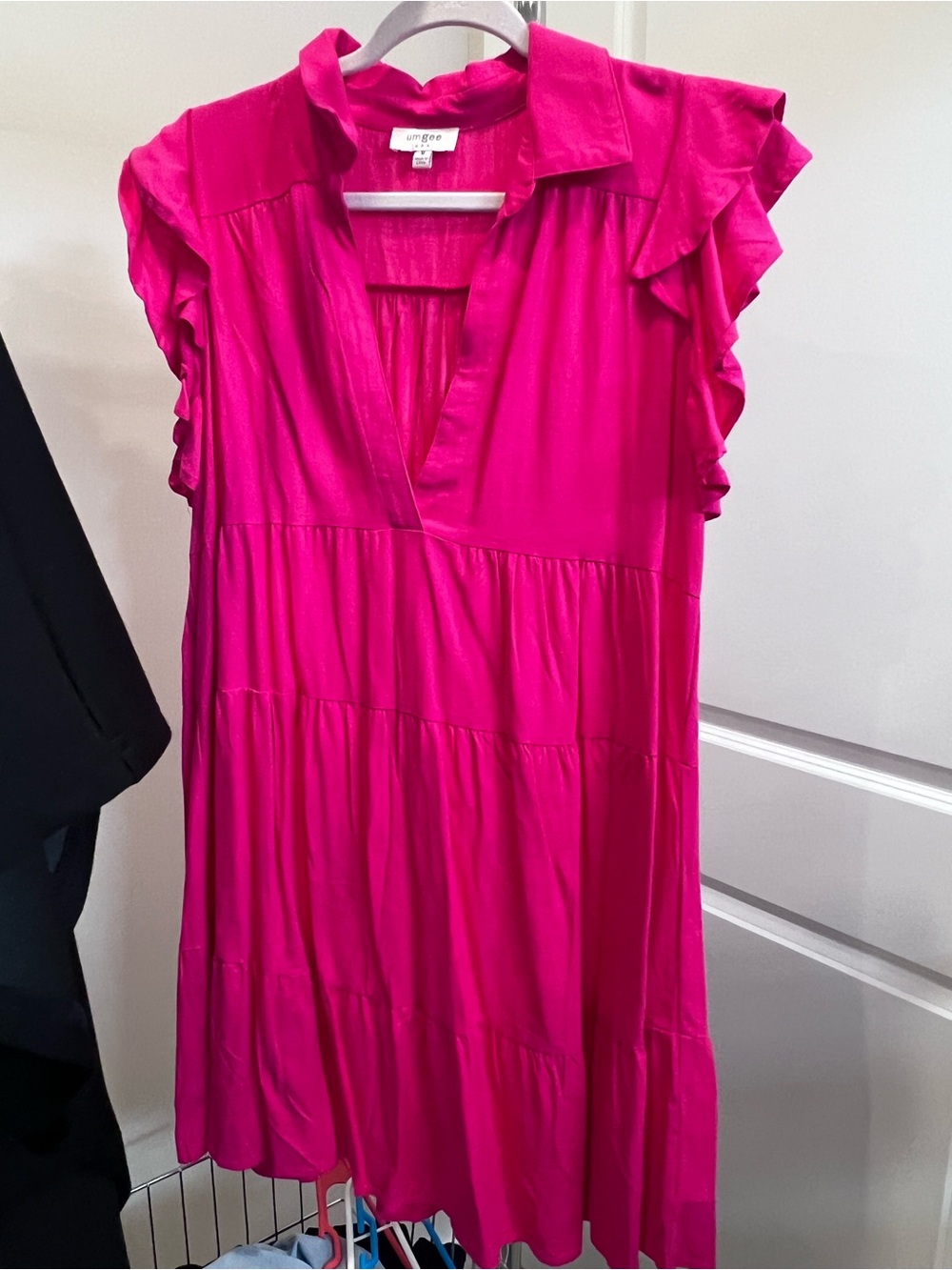 Umgee Bright Pink Ruffle Sleeve V-Neck Dress